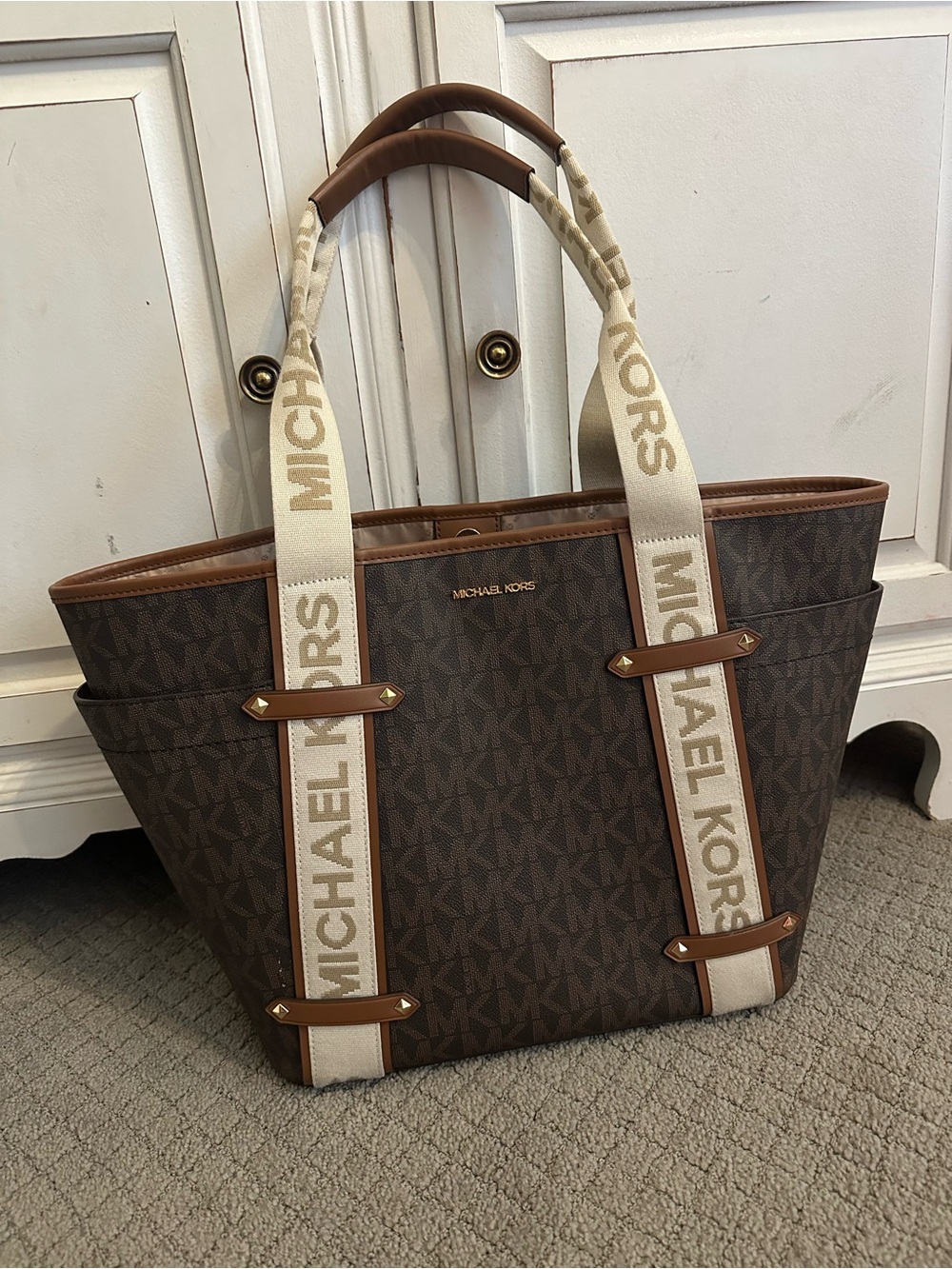 Michael Kors Brown Signature Canvas Tote with Cream Logo Straps